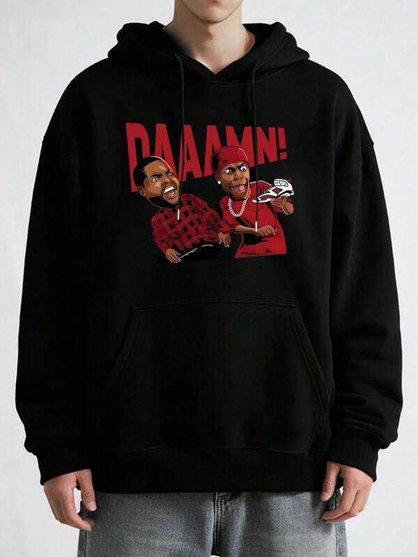 Sudadera con capucha casual de otoño/invierno con cordón para hombre talla grande, con estampado de letra de personaje de dibujos animados, hombros caídos, manga larga y diseño de bolsillo