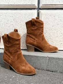 Women's Pointed Toe Mid-Calf Boots, Embroidered Suede Thick Heel Boots Pull-On Embroidered Brown Western Style Boots, Round Toe Mid-Calf Casual Riding Boots, Fashionable And Versatile Short-Barrel Cowboy Boots, New Autumn And Winter Styles - 咖色 - 查看 5