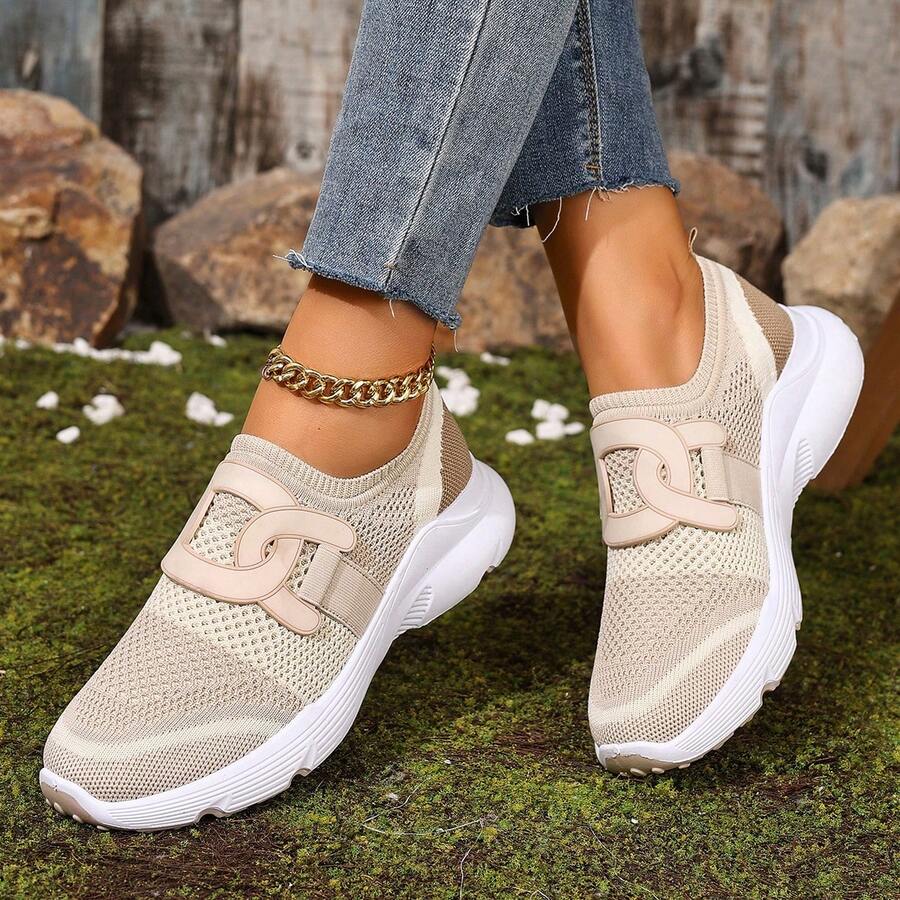 Women's Knitted Elastic -On Casual Sneakers, Minimalist Versatile Lightweight Comfortable Soft-Sole Sock Shoes, Mesh Breathable Non- Running Shoes - Beige - View 1