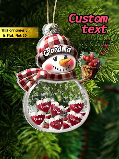 Enfeite de Natal personalizado com boneco de neve, avó, avô e netos - Enfeite de acrílico personalizado com tampa de metal prateada, boneco de neve personalizado com avó e avô segurando um coração, enfeite de Natal vintage com o nome dos netos, decoração para árvore de Natal, presentes personalizados, presentes de Natal personalizados.