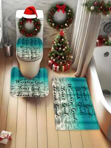 1pc/4pcs Blue Ocean Blessing Polyester Waterproof Shower Curtain With 12 Hooks, Bathroom Non-Slip Mat, U-Shaped Floor Mat And Round Toilet Seat Cover, Comprehensive Bathroom Set Christmas Decor
