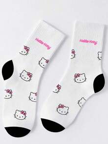 Sanrio 1 Par de Meias Cano Médio Femininas, Meias Brancas de Desenho Animado de Alta Qualidade, Meias Casuais para Casa, Meias Macias e Confortáveis, Meias Estudantis