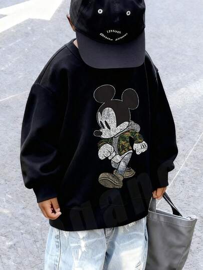 Disney [ Disney Authorization ] Boys' And Children's Autumn/Winter Plush Hoodie - Classic Mickey Mouse - Printed Pattern Design Round Neck Hoodie, Warm And Comfortable Pullover, 200g Polyester Soft Fabric, Local Warehouse, Suitable For Students' Autumn/Winter Return To School, Parties, Outdoors, Travel Wear