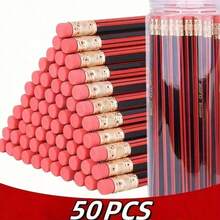 50 支亮色原木铅笔，带橡皮擦，配有铅笔刀，非常适合书写、绘画、素描和绘画，红色和黑色条纹设计 - 非常适合学校、办公室和艺术用品，学校用品，返校 - 彩色 - 查看 3