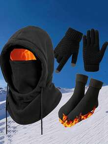 3/4pcs Set Winter Essentials: Touch Screen Gloves, Thick Lined Socks, Double-Layer Windproof Balaclava Hat With Ear Covers, Warm And Cold-Resistant, Suitable For Outdoor Activities, Winter Clothing Accessories Hat Gloves Socks Combo Set