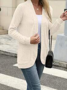 Fashionable Casual Ribbed Knit Cardigan Sweater - Beige - View 4