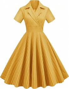 Women Vintage Cocktail Swing Dress, Midi Evening Dress, Rockabilly 50s 60s 1950shalloween - 黃條紋 - 查看 6