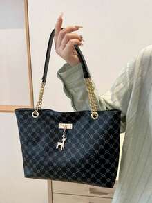 Large Capacity Handbag For Women, New Fashion Vintage Chain Shoulder Tote Bag, Printed Casual Travel Bags