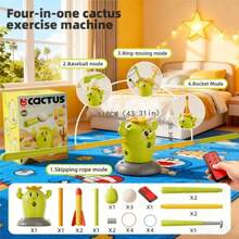 La máquina de ejercicios de fitness con forma de cactus 4 en 1 viene con un control remoto e incluye cuatro juegos divertidos: saltar la cuerda, béisbol, lanzamiento de aros y lanzamiento de cohetes. Perfecto para niños de 3 a 15 años, sirve como un regalo fantástico para cumpleaños, Pascua, Halloween o Navidad, y funciona bien tanto en entornos interiores como exteriores.