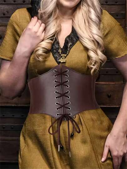 Nowy, wąski, punkowy, brązowy, szeroki pasek ze skóry PU, damski, modelujący sylwetkę, elastyczny, wysoki pas