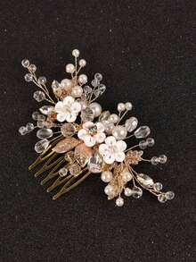 1pc Women Elegant Handmade Metal Leaf & Clay Flower With Faux Pearl Hair Comb, Bridal Hair Accessories For Wedding, Party - Vàng 2 - Xem 3