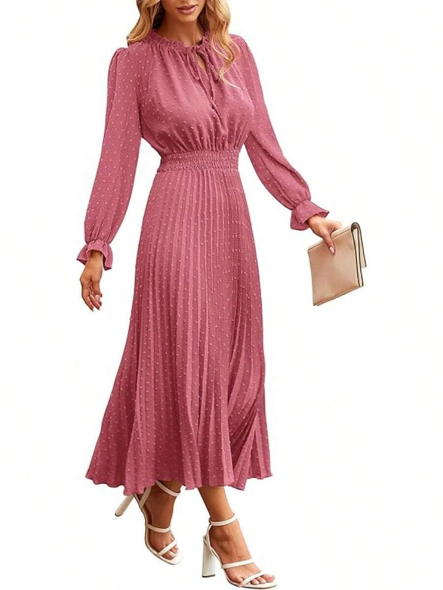 Swiss Dot Pleated A Line Midi Dress Dresseshalloween - 粉色 - 查看 1