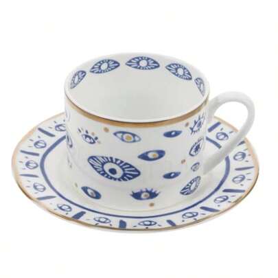 IMIKEYA Cup Saucer Set With Evil Eye Design Turkish Coffee Cup Large Capacity Tea Cup Ceramic Water Cup Boho Style