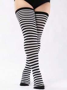 1 Pair Plus Size Women's Striped Thigh High/Over The Knee Socks, Plus Size Women's Striped Mid-Calf Socks/Thigh High Socks, Suitable For Halloween, Christmas Party, Cosplay, Sports, Leg Shaping XZ6W - Đen và Trắng - Xem 8