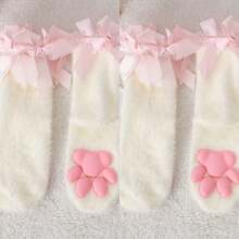 1/2 Par Meias de Coral Fleece com Laço em Formato de Pata de Gato 3D para Mulheres, Chinelos Confortáveis, Adequados para Uso Doméstico no Outono/Inverno, Meias para Dormir