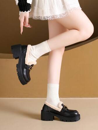 Women's Round Toe Chunky Heel Slip-On Buckle Design Comfortable Versatile Loafers, Office & School