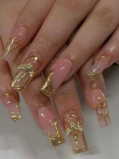 Eleva tu estilo con, 24 piezas/set de uñas postizas acrílicas largas y cuadradas con decoración de cruz en color dorado. Incluye: 1 pieza de pegamento de gel y 1 pieza de lima de uñas. Las uñas doradas harán que tus dedos brillen y se vean hermosos, muy adecuadas para el uso diario de la mujer y niña, así como para fiestas y raves.