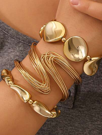 3Pcs Vintage Hollow Asymmetrical Geometry Bracelet Set,Suitable For Women's Daily Jewelry,Gift For Friends