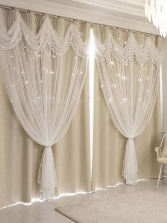 1pc Luxury Double Layer Hollow Star Blackout Curtains With Valance, Suitable For Living Rooms And Bedrooms.