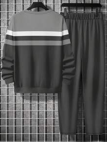 2 件男士休闲条纹印花圆领运动衫和运动裤运动套装，街头运动休闲装适合户外活动，春季 - 灰色 - 查看 3