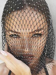 闪亮水钻装饰女士帽子镂空渔网孔全脸面罩头巾帽子派对、学校