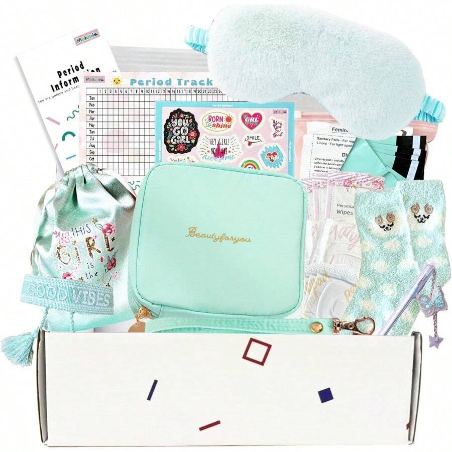 New First Period Kit For Girls 22 PC Period Packs For Young Girls First Time First Period Gift For Teen Girls With Sanitary Pad Storage Bag Wipes Bracelet Eye Mask Socks And More Mint