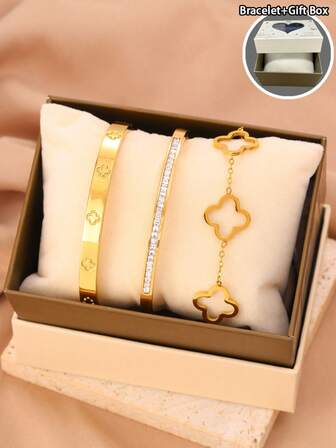 3件套时尚奢华不锈钢手链，镶嵌水钻四叶花。男女皆宜，毕业典礼的优雅配饰，完美的礼物。（含礼盒）