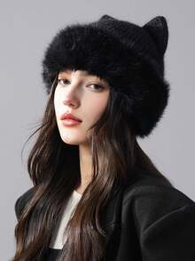 1 件女士针织帽，带有蓬松的猫耳动物图案，温暖的耳朵保护，俏皮的针织猫耳设计，与配套的毛衣完美搭配，营造出舒适和治愈的秋冬氛围，温暖而时尚，适合日常穿着、主题公园、咖啡馆、拍照 - 多色 - 查看 3