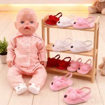 1 双 18 英寸娃娃鞋，可爱毛绒娃娃拖鞋动物鞋，迷你鞋，温暖兔耳娃娃鞋，适合小女孩和小男孩的生日/节日礼物（不含娃娃）