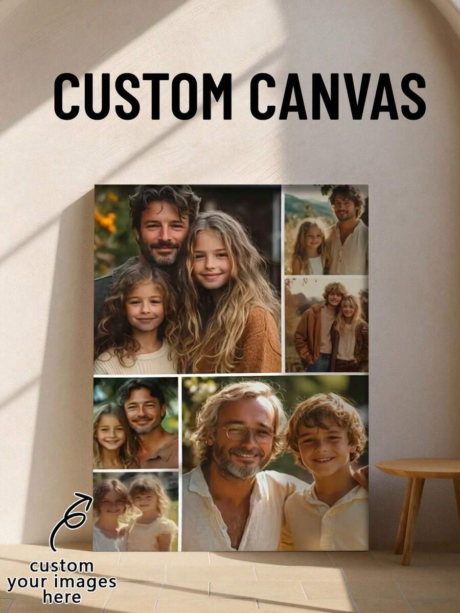 6 pièces Peinture de collage photo personnalisée, photo commémorative familiale personnalisée avec cadre en pin, peinture sur canevas pour couple, impression sur canevas pour la décoration murale du salon - Multicolore - Voir 1