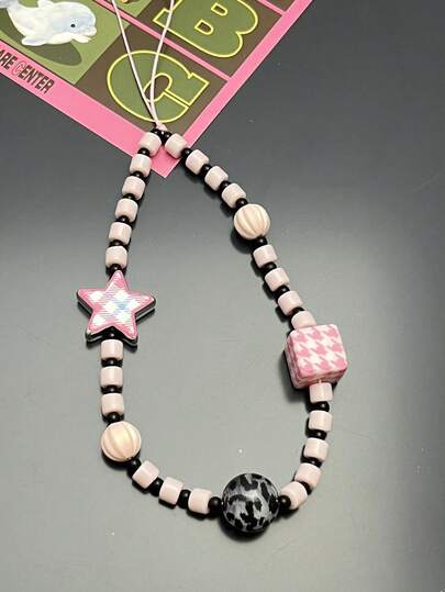 1pc Versatile Square Plaid, Heart, Star Pattern Phone Lanyard, Keychain, Cartoon Doll Keyring, Car Key Chain, Couple Backpack Pendant, Handbag Strap