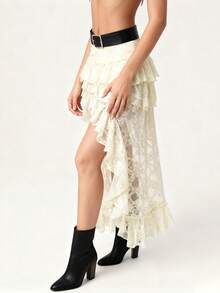 Women Flower Lace Sheer Skirt Elastic Waist High Low Layered Ruffle Asymmetrical A Line Skirt Steampunk Victorian Cosplay Costume - 杏色 - 查看 3