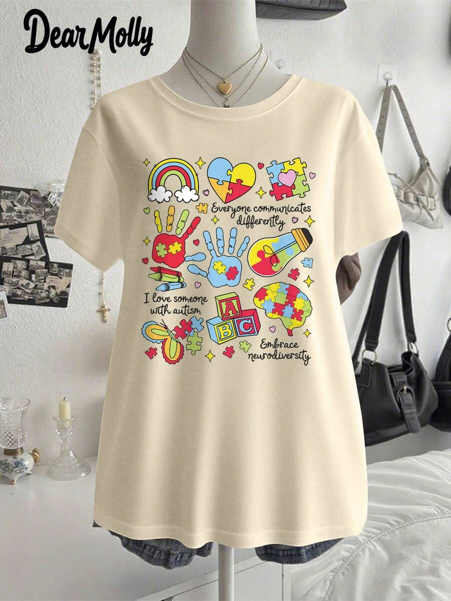 DEAR MOLLY Plus Size Casual Round Neck Short Sleeve T-Shirt With Healing Graffiti Cartoon Print, Suitable For Daily Wear And Holiday Gifts
