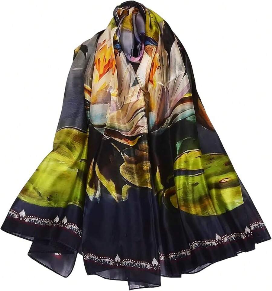 100% Mulberry Silk Scarf For Women Lightweight Long Scarves Beach Wraps Cover Up -Travel Photography Scarfhalloween - 紫藍蓮花 - 查看 1