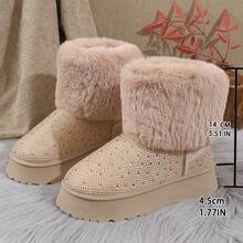 2025 Nuovi stivali da neve invernali da donna in taglia grande, in morbido pile beige con strass, versatili, con suola spessa e calda, scarpe casual con fodera in pelliccia spessa