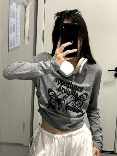 英文蝴蝶印花长袖T恤T2025，韩版新款小美式复古短款女上衣