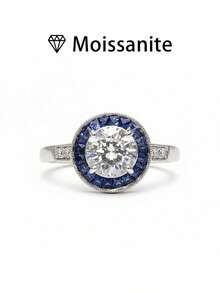 1 件女士结婚戒指，蓝色边缘 4 爪戒指，2.7 克 S925 银，2 克拉莫桑石，波西米亚宫廷风格，奢华求婚订婚结婚周年母亲节礼物，附有莫桑石证书和精美礼品盒