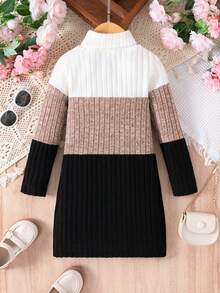 Vestido de cuello alto con bloques de color para niñas jóvenes - Negro - Ver 2