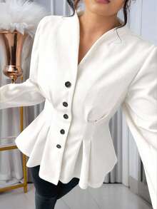 Plus Size Women's Thick Fabric Stand Collar Double-Sided Design Waist Ruched Elegant Teacher Outfit, Suitable For Christmas Eve, Christmas, Halloween, Thanksgiving, Diwali, Versatile Jacket