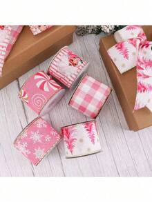 1 Roll Christmas Satin Ribbon (2.5 Inch*5 Yards), Variety Of Designs To Choose From - Polka Dot, Snowman, Snowflake, Santa, Tree, Craft Ribbon, Glitter Gold Wired Fabric Ribbon, For Christmas Crafts, Wedding Decorations, Bow Making, Party Decor - Multicolor - View 8