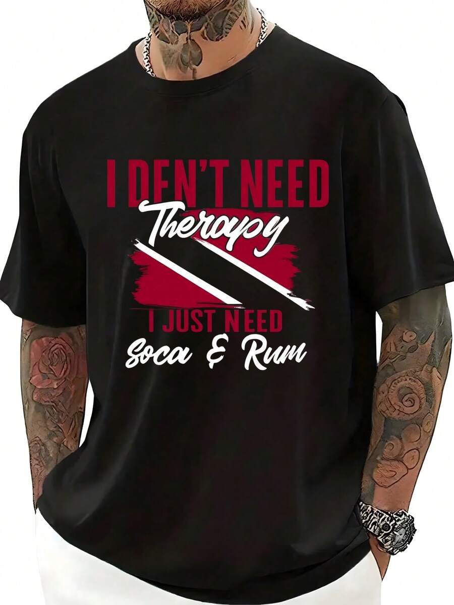 Camiseta para Hombre con Frase "No Necesito Terapia, Solo Necesito Soca y Ron", Color Negro, 100% Algodón, 180g, Diseño con Bandera de Trinidad y Tobago, Ideal para Fiestas, Eventos y Disfrutar la Música, Para Amantes de la Cultura Caribeña y la Moda Divertida,playera de hombre,camisas de hombre,halloween,disfraz halloween hombre,playeras,ropa de hombre,camisas,halloween hombre,kpop demon hunter,regalos para tu novio,old money hombre,sudaderas,blusas mexicanas de septiembre. - Negro - Ver 1