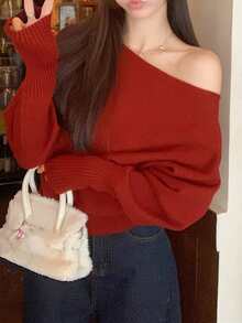 秋冬韩版优雅单肩灯笼袖针织毛衣上衣
