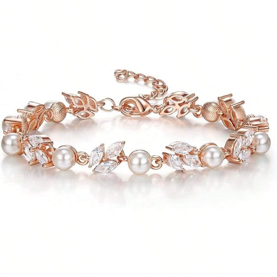 Crysdue Wedding Bridal Link Bracelet Brides Bridesmaids, Marquise Cubic Zirconia Tennis Bracelets Women Prom Jewelry - E_珍珠+CZ,玫瑰金 6.3-7.87 英寸 - 查看 1