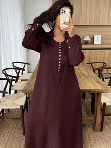 UrbanChic 腰线双层门襟超大开衩裙摆长连衣裙，适合返校、外出、浪漫假日、夏季假日、婚礼及活动、度假、海滩、春假等场合。 - 酒紅色 - 查看 5