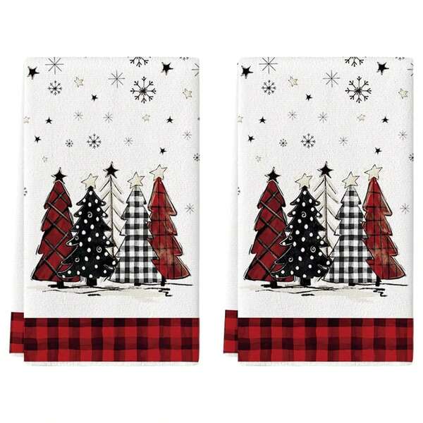 [Christmas Decorations] 2Pcs/4Pcs Red Black Buffalo Plaid Snowman Xmas Trees Christmas Kitchen Towels Dish Towels, 16x24 Inch Daily Buffalo Plaid Winter Room Funky Home Decoration Hand Towels