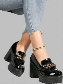 DareSee Women's Black Soft Leather Platform Slip-On Casual Shoes 2025 New Korean Style Thick Bottom Low Top High Heel Loafers For Petite Music-Fest Y2K-Fest Back To School Autumn Winter Gifts