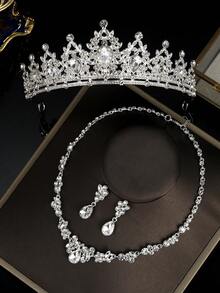 Classic Crystal Crown Necklace & Earrings Set, Fashion Jewelry Set For Brides, Bridesmaids, European & American Style