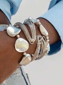 Set de 3 piezas de pulseras de joyería con diseño geométrico de línea hueca con cuentas CCB minimalista, regalo perfecto para uso diario en cualquier ocasión