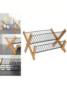 Rejilla de bambú de 2 niveles con forma de X, multifuncional, plegable, ahorra espacio, de acero inoxidable, de gran capacidad, para cocina, cuencos, platos, soporte, natural