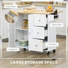 HOMCOM Kitchen Island With Drop Leaf, Rolling Kitchen Cart On Wheels With 3 Drawers, Cabinet, Natural Wood Top, Spice Rack And Towel Rack, White